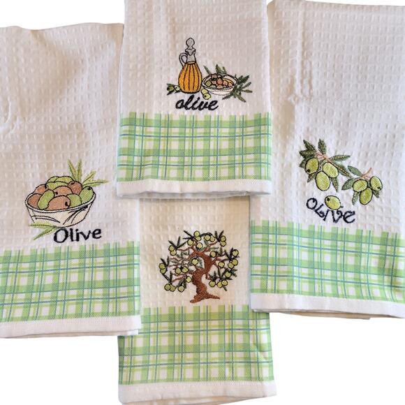 4 Olive Kitchen Towels Lavien Embroidered Waffle Cotton Blend 16x24" Green Plaid - Picture 6 of 13